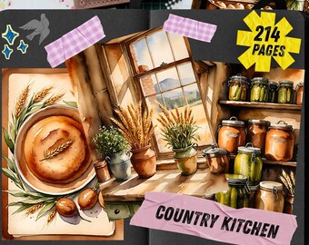 Printbare afbeeldingen van rustieke keukenpotten, Terracotta tarwe boeren scrapbookpapier, Collagevellen met kruiden uit de voorraadkast, Cottagecore junk journal kit