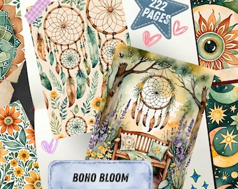 Páginas de diario de estilo bohemio floral, papel para álbum de recortes con flores silvestres, efímeros imprimibles de atrapasueños bohemios, kit de collage de acuarela de margaritas y mariposas