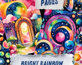 Celestial Junk Journal Pages, Cosmic Watercolor Scrapbook Paper, Rainbow Galaxy Printable Ephemera, Whimsical Starry Night Art Journal Kit