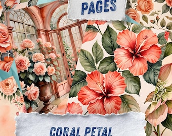 Coral Peach Floral Ephemera, Terracotta Rose Peony Scrapbook Paper, Warm Watercolor Botanical Printables, Boho Floral Junk Journal Kit