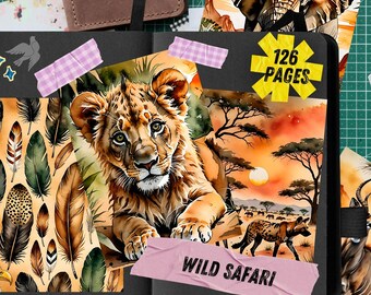 アフリカンサファリジャンクジャーナルページ、野生動物スクラップブック用紙、サバンナ印刷可能エフェメラ、ライオンとヒョウの水彩アートジャーナルキット