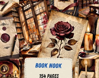 Dark Academia Junk Journal Kit, Vintage Library Ephemera, Gothic Book Lover Scrapbook Paper, Cozy Reading Vintage Rose Collage