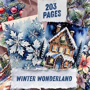 May include: A collection of watercolor illustrations featuring winter themes including pine branches with red ornaments, snowflakes, a gingerbread house, snowy forests, and poinsettias. The text 203 PAGES and WINTER WONDERLAND is visible.