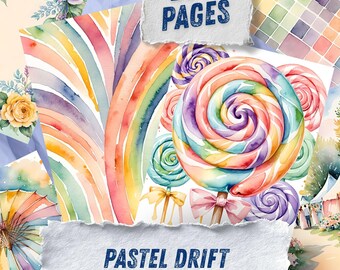 Pastel Rainbow Ephemera, Candy Lollipop Scrapbook Paper, Whimsical Watercolor Carnival Collage, Kawaii Junk Journal Kit, Instant Download