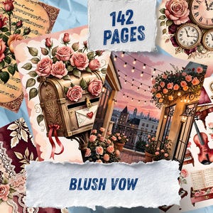 Könnte beinhalten: Eine Sammlung von 142 Seiten mit dem Titel Blush Vow, die Illustrationen von Rosen, alten Uhren, einem Briefkasten, einem Balkon bei Sonnenuntergang mit Lichterketten, Geigen und Notenblättern mit Spitzenmustern in Rosa, Rot und Creme zeigt.