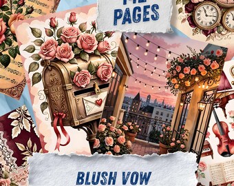 Blush Burgundy Wedding Roses, Romantic Bridal Ephemera Printables, Victorian Watercolor Scrapbook Paper, Floral Monogram Junk Journal Kit