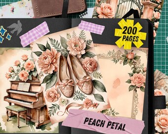 Shabby Chic Peach Rose Junk Journal Kit, Coquette Floral Ephemera, Vintage Library Scrapbook Paper, Romantic Digital Collage Mega Bundle