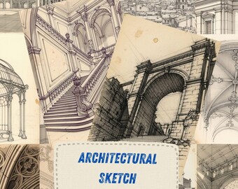 Architectural Sketch Junk Journal Kit, Pencil Drawing Ephemera Printables, Historical Architecture Paper, Baroque Collage, Instant Download