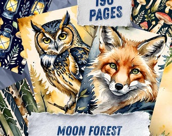 Kit de diario de recortes de animales del bosque, efímeros de zorro y conejo a la luz de la luna, papel para álbum de recortes de noche de bosque, páginas de collage de naturaleza celestial
