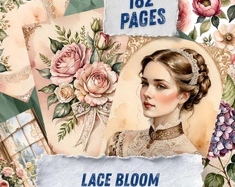 Victorian Rose Junk Journal Pages, Lace Scrapbook Paper, Romantic Floral Printable Ephemera, Pink Watercolor Shabby Chic Art Journal Kit