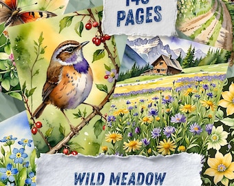 Wildflower Meadow Ephemera Printables, Lavender Botanical Scrapbook Paper, Green Summer Field Collage Sheets, Cottagecore Junk Journal Kit