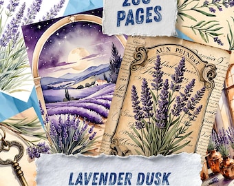 French Provence Lavender Junk Journal, Watercolor Purple Botanical Ephemera, Shabby Chic Scrapbook Paper, Country Summer Digital Collage