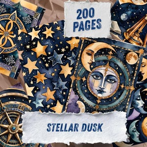 May include: A collection of celestial-themed art prints with watercolor illustrations. The designs feature stars, moons, and celestial bodies in shades of blue, gold, and purple. The text "200 PAGES" and "STELLAR DUSK" are visible on the prints. The overall theme is mystical and artistic.
