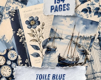 French Toile Junk Journal Pages, Blue White Scrapbook Paper, Vintage Country Ephemera, Chinoiserie Watercolor Floral Art Journal Kit