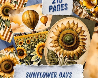 Sunflower Junk Journal Pages, Yellow Floral Scrapbook Paper, Rustic Botanical Printable Ephemera, Golden Watercolor Summer Art Journal Kit