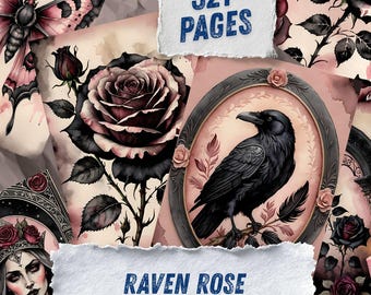 Gothic Raven Rose Junk Journal Printables, Dark Romance Ephemera, Black Floral Scrapbook Paper, Macabre Digital Decoupage Art Craft Pack