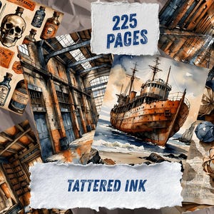 Páginas para diário de arte industrial com estilo vintage, papel para scrapbook urbano, itens imprimíveis steampunk, kit de diário de arte grunge em aquarela com tema de tijolos. imagem 1
