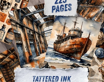 Industrial Junk Journal Pages, Vintage Urban Scrapbook Paper, Steampunk Printable Ephemera, Moody Brick Watercolor Grunge Art Journal Kit
