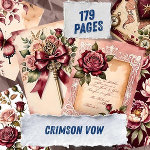 Strony dziennika Red Rose Junk, romantyczny papier do scrapbookingu z motywem wina, walentynkowe, miłosne, drukowane efemerydy, zestaw do dziennika Crimson Watercolor Floral Art zdjęcie 1