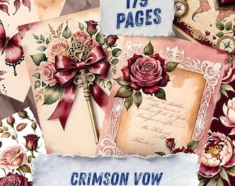 Red Rose Junk Journal Pages, Romantic Wine Scrapbook Paper, Valentine Love Printable Ephemera, Crimson Watercolor Floral Art Journal Kit