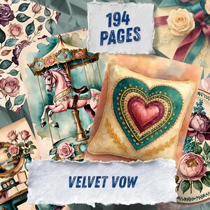 K&ouml;nnte beinhalten: Eine Sammlung von 194 Seiten mit dem Titel Velvet Vow, die Aquarellillustrationen eines Karussellpferdes, eines herzf&ouml;rmigen Kissens, Blumenmustern mit Rosen, eines Zierspiegels und eines Tellers mit Blumen in einer Collage zeigt.