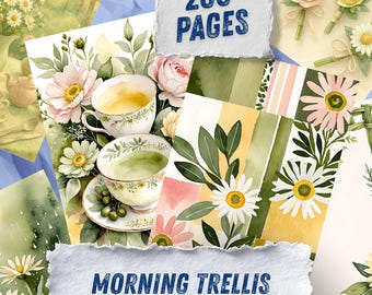 Watercolor Daisy Ephemera, Cottage Garden Tea Scrapbook Paper, Spring Green Floral Collage, Cottagecore Junk Journal Kit, Instant Download