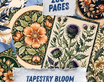 Floral William Morris Style Junk Journal Kit, Vintage Tapestry Ephemera, Scottish Thistle Scrapbook Paper, Dark Floral Digital Mega Bundle