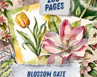 春の花のエフェメラ、桜のスクラップブック用紙、水彩チューリップとヘレボルスのコラージュ、コテージコアジャンクジャーナルキット、即時ダウンロード