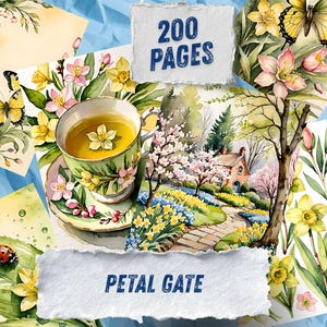 Kit de diario creativo con diseño de narcisos primaverales, papel para álbum de recortes con temática de jardín estilo cottagecore, efímeros de flores rosas, paquete de manualidades con papel imprimible con diseño de llave vintage.