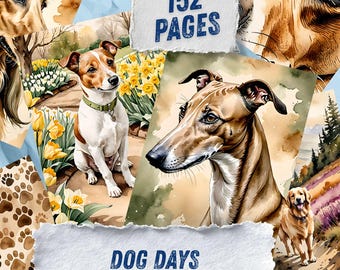Dog Junk Journal Pages, Pet Lover Scrapbook Paper, Cottage Puppy Printable Ephemera, Watercolor Dog Breeds Country Art Journal Kit