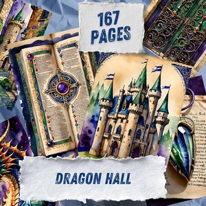May include: A collection of fantasy-themed illustrations featuring a stone castle, an open book with a purple gemstone, a dragon head, and ornate metal gates. The text 167 PAGES and DRAGON HALL is printed on torn paper overlays against a blue background.