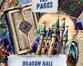 Dragon Junk Journal Pages, Medieval Fantasy Scrapbook Paper, Knight Castle Printable Ephemera, Gothic Watercolor Fantasy Art Journal Kit
