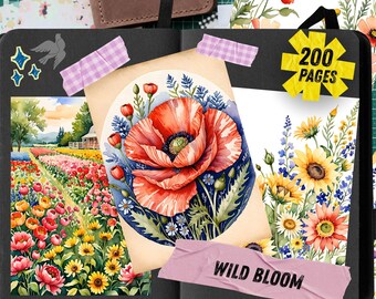Watercolor Wildflower Junk Journal Kit, Summer Meadow Ephemera, Red Poppy Scrapbook Paper, Cottagecore Floral Digital Collage Download