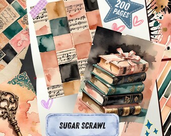Vintage Swatchbook Junk Journaling, Watercolor Clock Ephemera, Emerald Green & Rose Scrapbook Paper, Mixed Media Digital Collage Mega Bundle