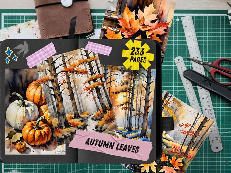 Autumn Leaves Watercolor Junk Journal Pages, Woodland Forest Scrapbook Paper, Fox Deer Owl Squirrel Printable Ephemera, Rustic Fall Craft image 5