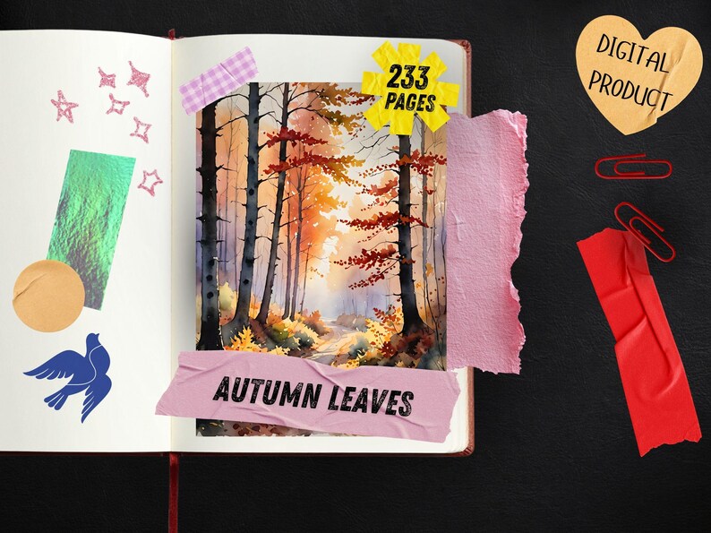 Autumn Leaves Watercolor Junk Journal Pages, Woodland Forest Scrapbook Paper, Fox Deer Owl Squirrel Printable Ephemera, Rustic Fall Craft image 4