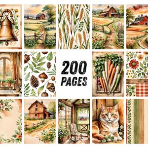 May include: A collection of watercolor illustrations with a rustic, farmhouse theme. The images include a bell, farm scenes, wheat, carrots, sunflowers, and a cat. The text "200 PAGES" is displayed prominently. The artwork evokes a cozy, country aesthetic.