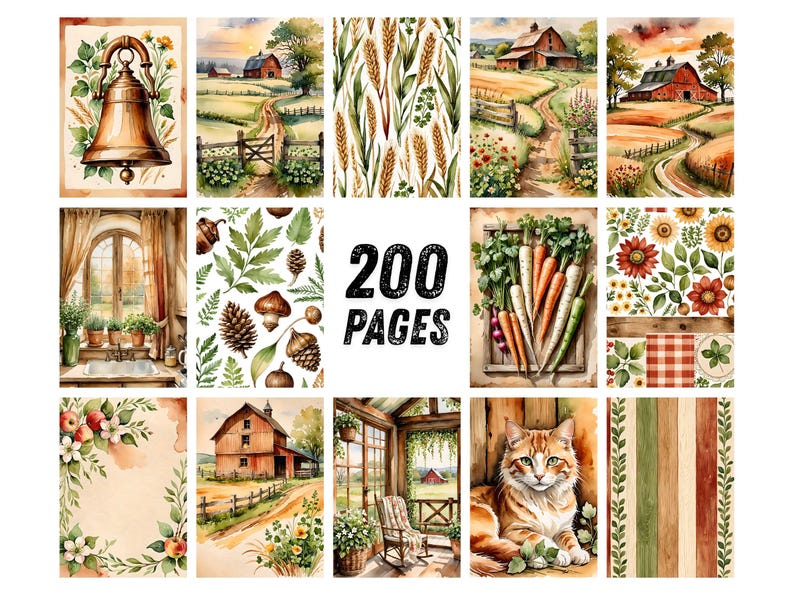 May include: A collection of watercolor illustrations with a rustic, farmhouse theme. The images include a bell, farm scenes, wheat, carrots, sunflowers, and a cat. The text "200 PAGES" is displayed prominently. The artwork evokes a cozy, country aesthetic.