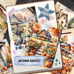 Autumn Countryside Ephemera Printables, Pumpkin Porch Farmhouse Scrapbook Paper, Chestnut Hay Bale Collage Sheets, Cottage Junk Journal Kit image 3