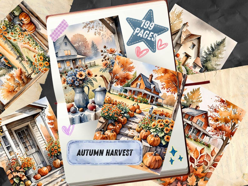 Autumn Countryside Ephemera Printables, Pumpkin Porch Farmhouse Scrapbook Paper, Chestnut Hay Bale Collage Sheets, Cottage Junk Journal Kit image 3