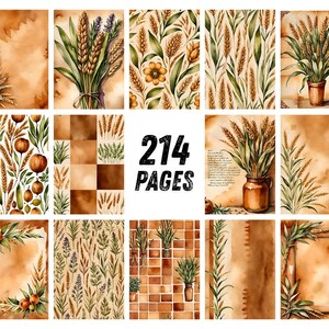 May include: A collection of 214 pages featuring watercolor illustrations of wheat stalks, dried grasses, and botanical elements in shades of brown, tan, and green. The designs include patterns, framed borders, and rustic arrangements on paper.