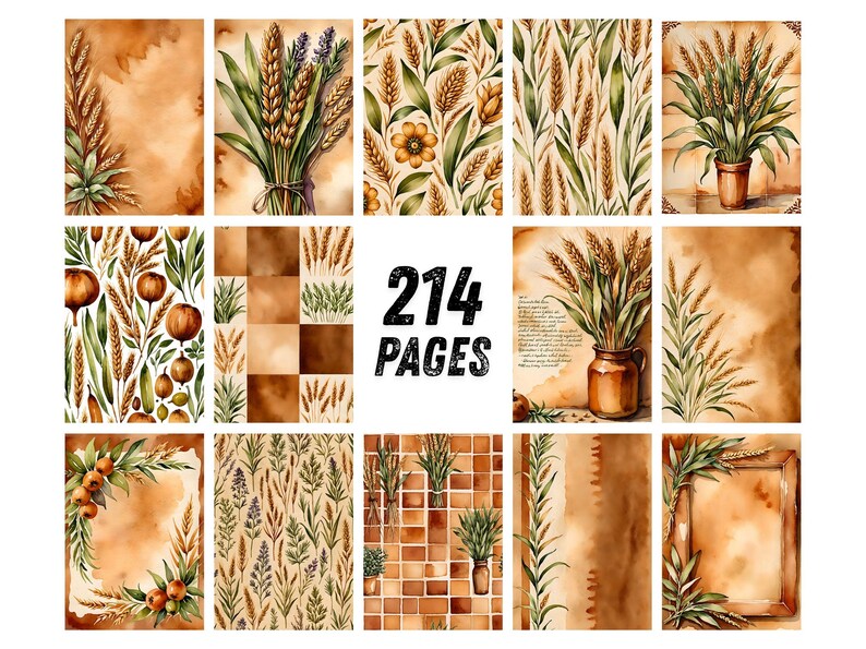 May include: A collection of 214 pages featuring watercolor illustrations of wheat stalks, dried grasses, and botanical elements in shades of brown, tan, and green. The designs include patterns, framed borders, and rustic arrangements on paper.
