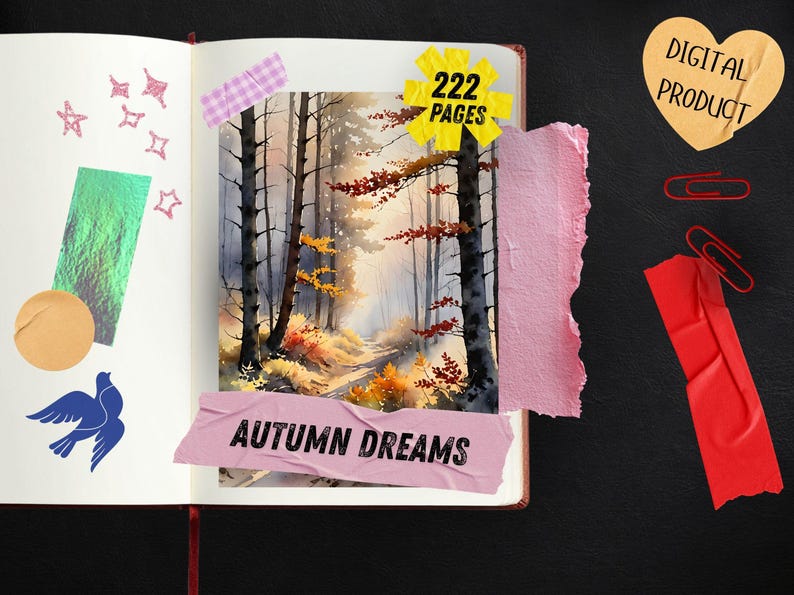Autumn Dreams Watercolor Junk Journal Pages, Pumpkin Fall Leaves Scrapbook Paper, Cozy Cider Season Printable Ephemera, Rustic Craft Kit image 4