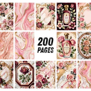 Blush Bourgogne-ros Ephemera, Förgyllt blommigt scrapbookpapper, Elegant guldfärgad parfymkollage, Regency Junk Journal Kit, Omedelbar nedladdning bild 7