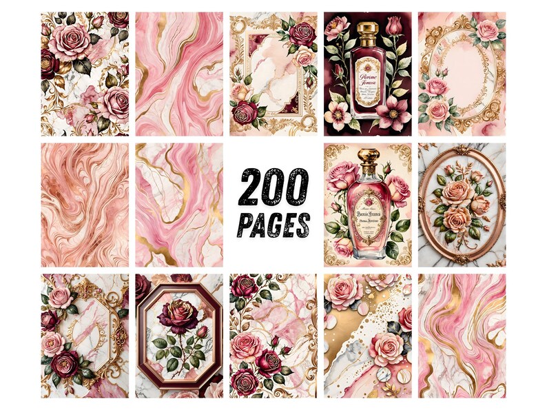 Blush Bourgogne-ros Ephemera, Förgyllt blommigt scrapbookpapper, Elegant guldfärgad parfymkollage, Regency Junk Journal Kit, Omedelbar nedladdning bild 7