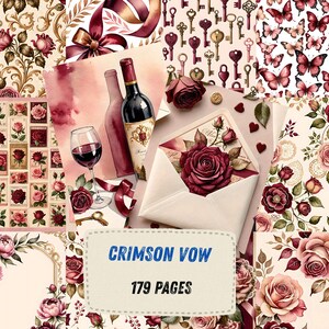 Strony dziennika Red Rose Junk, romantyczny papier do scrapbookingu z motywem wina, walentynkowe, miłosne, drukowane efemerydy, zestaw do dziennika Crimson Watercolor Floral Art zdjęcie 5