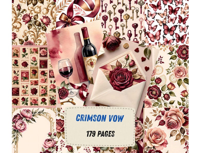 Strony dziennika Red Rose Junk, romantyczny papier do scrapbookingu z motywem wina, walentynkowe, miłosne, drukowane efemerydy, zestaw do dziennika Crimson Watercolor Floral Art zdjęcie 5