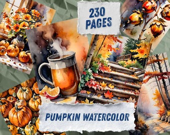 May include: A collection of watercolor illustrations featuring orange pumpkins, a steaming mug of tea with orange slices, autumn foliage on stairs, and forest trees. The text 230 PAGES and PUMPKIN WATERCOLOR is printed on white torn paper overlays.