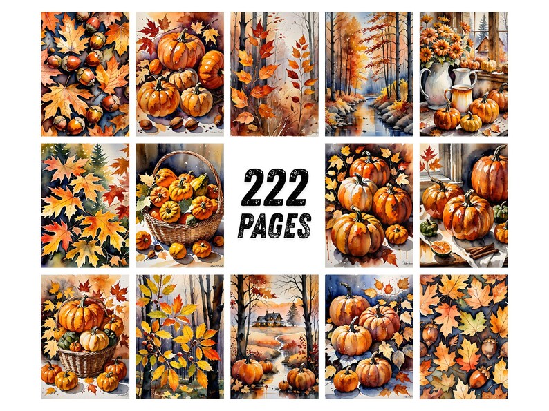 Autumn Dreams Watercolor Junk Journal Pages, Pumpkin Fall Leaves Scrapbook Paper, Cozy Cider Season Printable Ephemera, Rustic Craft Kit image 7
