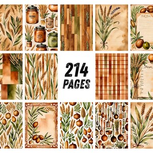 May include: A collection of 214 pages featuring watercolor illustrations of wheat stalks, kitchen canisters, wooden textures, plaid patterns, recipe cards, onions, and cooking utensils in earthy tones of brown, green, and tan on a white background.